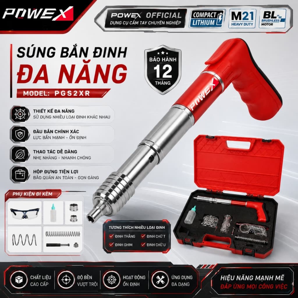 Máy bắn đinh POWEX PW-PGS2XR, súng bắn đinh hạt nổ, full kim loại an toàn, chuyên bắn bê tông sắt vật cứng