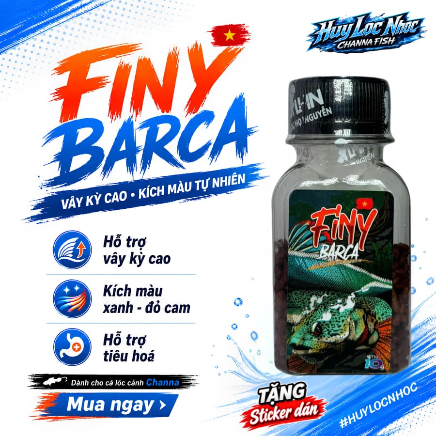 Cám FINY Barca 10g Bản Mới Cho Cá Lóc Cảnh | Thức Ăn Cá Lóc Lạnh Hỗ Trợ Vây Kỳ, Viền Lửa, Lên Màu