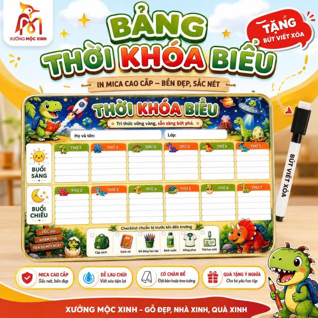 Bảng thời khóa biểu in trên mica để bàn (TẶNG BÚT VIẾT XÓA) kích thước 20x30cm bền đẹp, tiện lợi và ý nghĩa