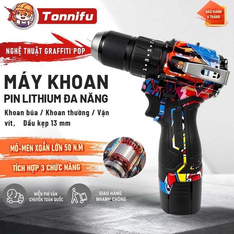 Máy Khoan Không Chổi Than 13mm Lực Siết 50N.m Tonnifu 16.8V Tích Hợp Vít Khoan Búa Model 1813XC