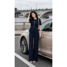 [VT250828] Set Bộ Công Sở Nữ Cao Cấp Áo Cổ Tròn Chiết Eo Quần Suông Dài Tôn Dáng Thanh Lịch 3