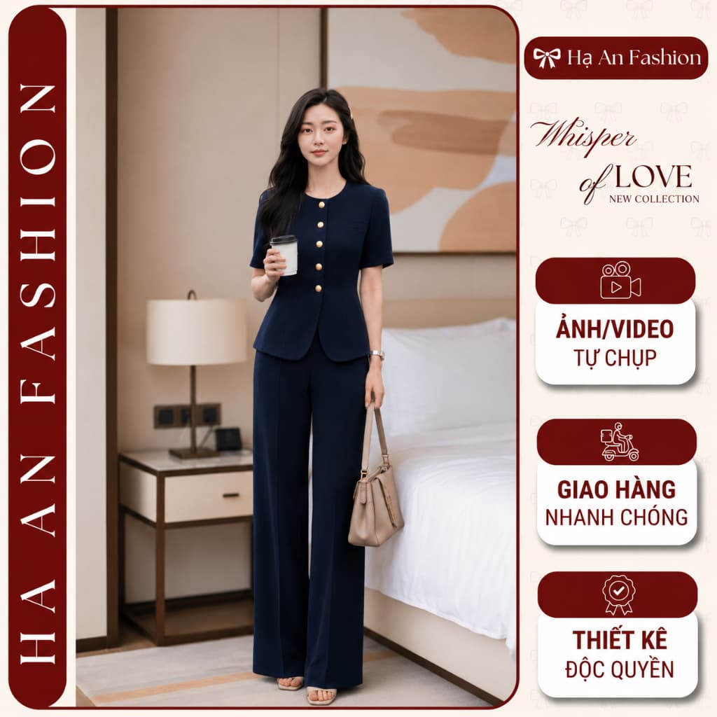[VT250828] Set Bộ Công Sở Nữ Cao Cấp Áo Cổ Tròn Chiết Eo Quần Suông Dài Tôn Dáng Thanh Lịch