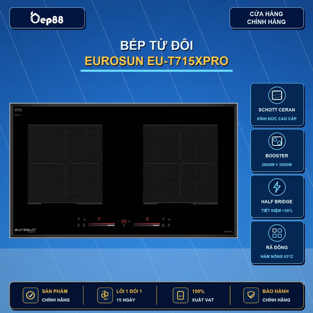 (chính hãng )Bếp từ đôi Eurosun EU-T715Xpro - Mặt Kính Bếp chịu nhiệt cao, sôi liu riu, BH 3 năm, Hàng chính hãng