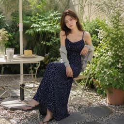 (Tặng Cột Tóc) Váy Mùa Thu Hoa Nhí Nhún Dây Váy Màu Xanh Navy Vintage 6