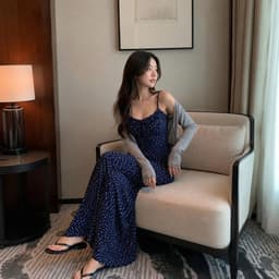 (Tặng Cột Tóc) Váy Mùa Thu Hoa Nhí Nhún Dây Váy Màu Xanh Navy Vintage 2