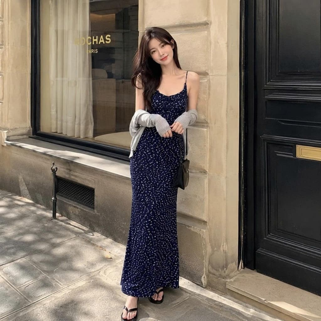 (Tặng Cột Tóc) Váy Mùa Thu Hoa Nhí Nhún Dây Váy Màu Xanh Navy Vintage