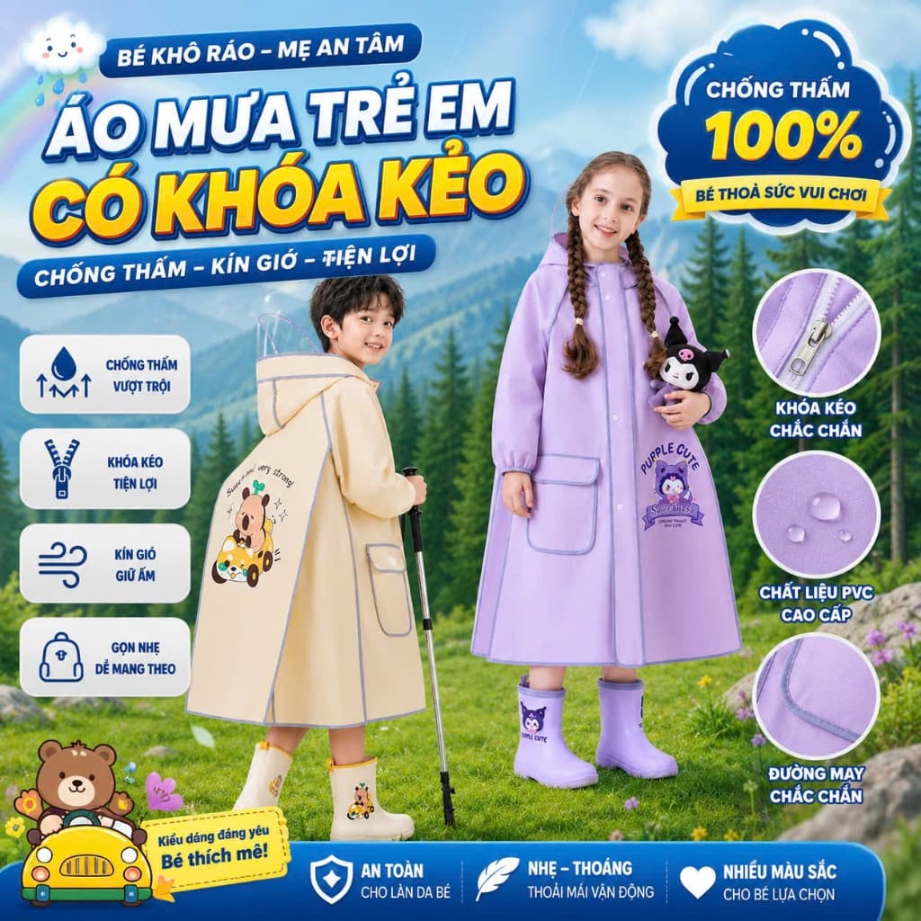 Áo Mưa Trẻ Em Có Khóa Kéo Form Rộng | Mặc Thoải Mái Khi Đeo Cặp, Thiết Kế Đáng Yêu Cho Bé, Tiện Lợi Đi Học