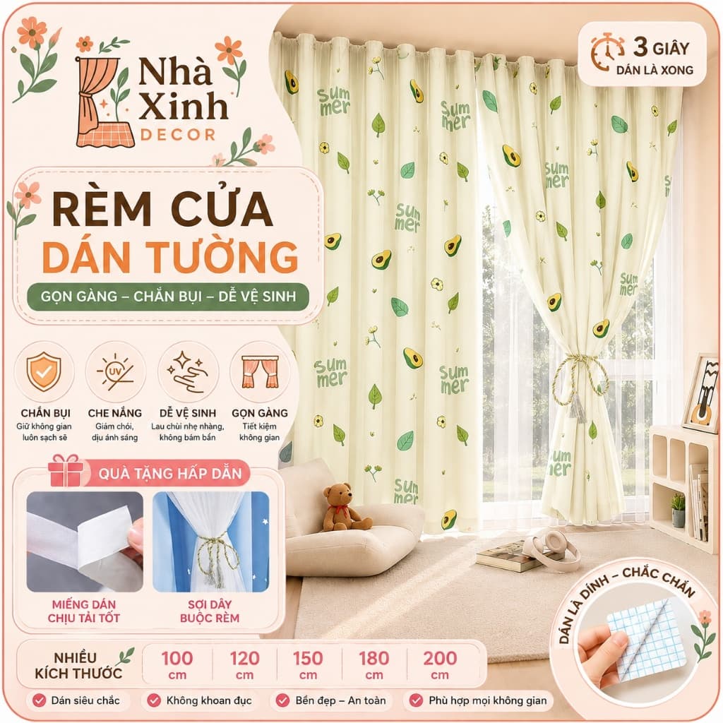 Rèm Cửa Sổ Phòng Ngủ Dán Tường không cần khoan tường, màn cửa sổ chống nắng 80% treo phòng ngủ