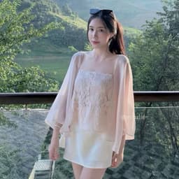 Set Váy Tiểu Thư Áo Ren Babydoll Phối Choàng Tay Lỡ Mềm Và Chân Váy Lụa Ngắn Dịu Dàng Kieupham.shop 4