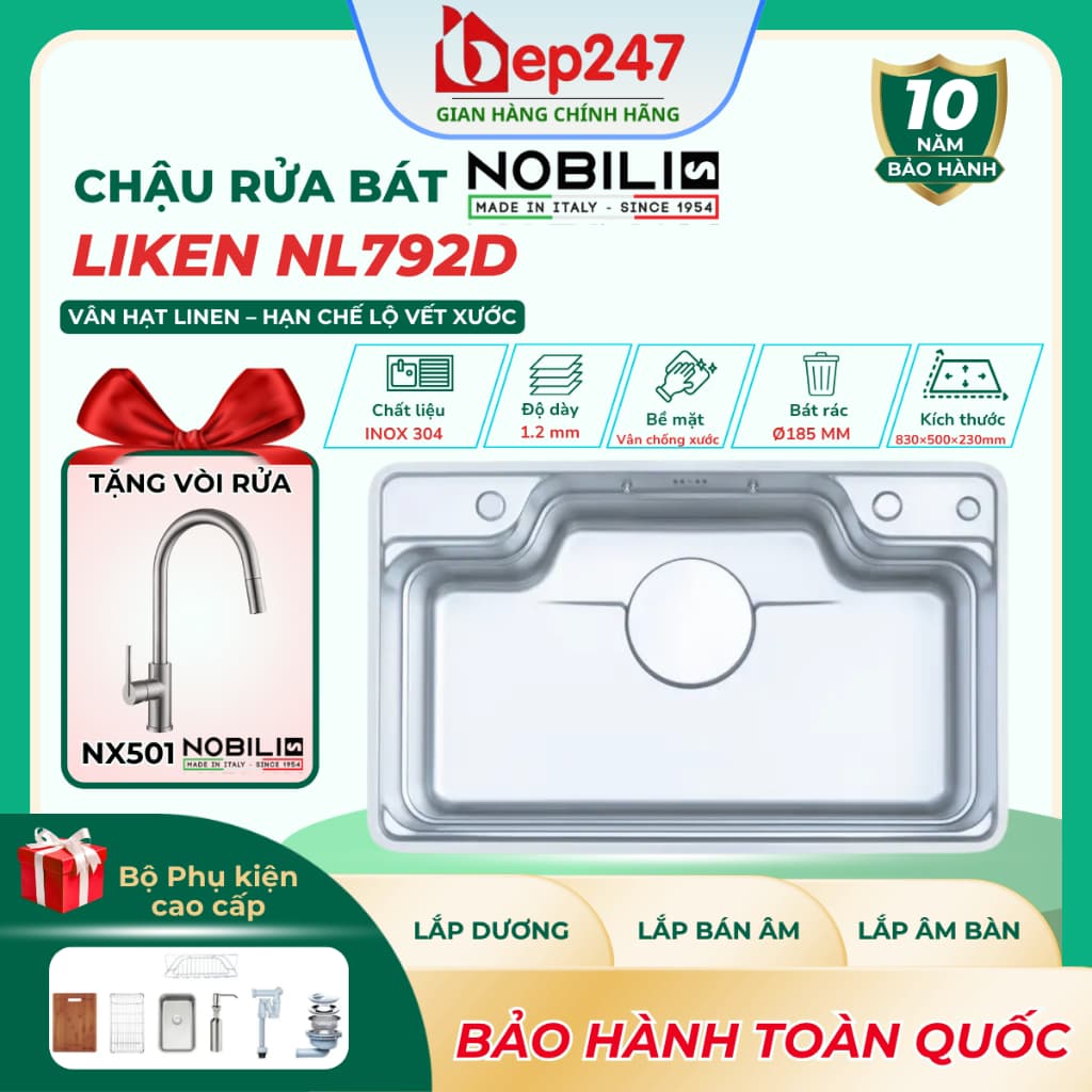 Chậu Rửa Bát NOBINOX LIKEN NL792D Inox 304 830x500mm Vân Linen Chống Xước Gờ Hạ Bậc Phụ Kiện Trượt Lòng Sâu 23cm