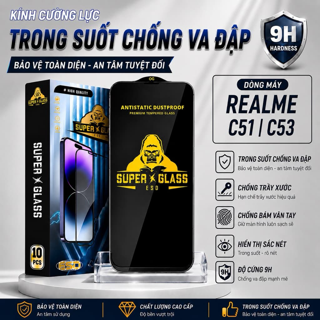 Kính cường lực Realme C53, C51 cao cấp thế hệ mới full màn miếng dán bảo vệ màn hình điện thoại khi rơi va đập