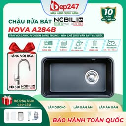 Chậu Rửa Bát NOBINOX NOVA A284B Inox 304 820x460mm Vân Volcanic PVD Đen Bát Rác Lệch Lớn Lòng Sâu 23cm Kiện 1