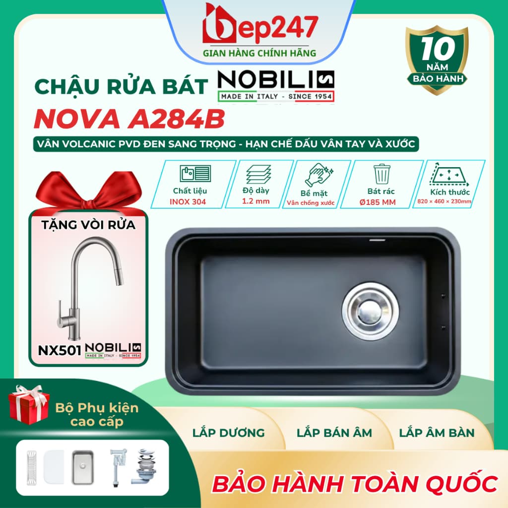 Chậu Rửa Bát NOBINOX NOVA A284B Inox 304 820x460mm Vân Volcanic PVD Đen Bát Rác Lệch Lớn Lòng Sâu 23cm Kiện