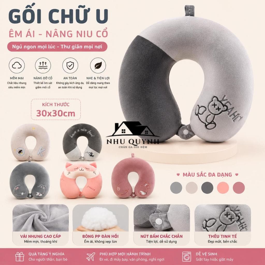 Gối Chữ U Kê Cổ, Gối Kê Cổ Chống Đau Mỏi Vai Gáy Văn Phòng, Đi Máy Bay, Du Lịch Nhiều Màu
