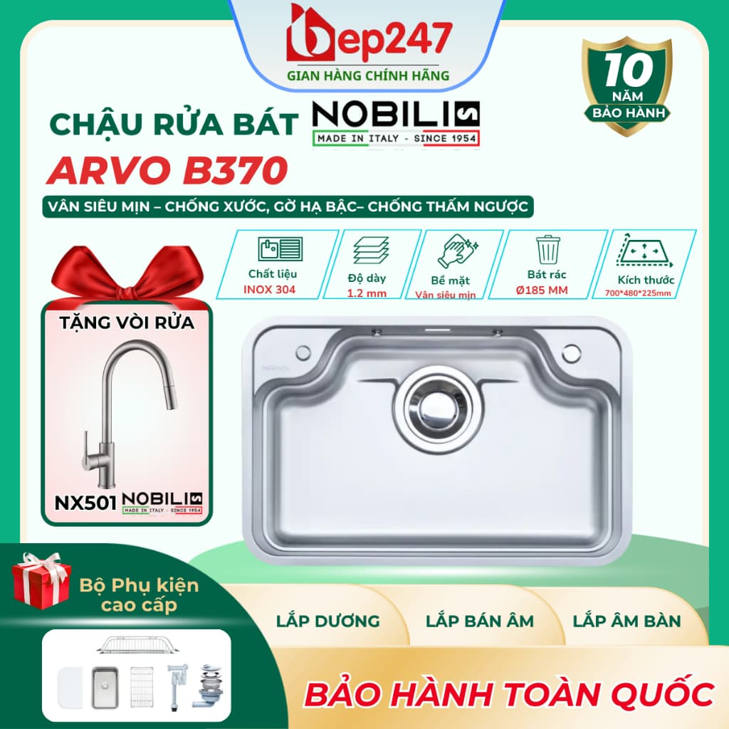 Chậu Rửa Bát NOBINOX ARVO B370 Inox 304 Dày 1.2mm 700x480mm Vân Siêu Mịn Chống Xước Lòng Sâu 225mm Đủ Phụ Kiện