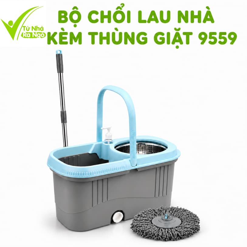 Bộ Cây Lau Nhà 9559 Việt Nhật Thùng Xoay Inox Cao Cấp Chổi Lau 360 Độ Cán Inox Chống Gỉ GD323