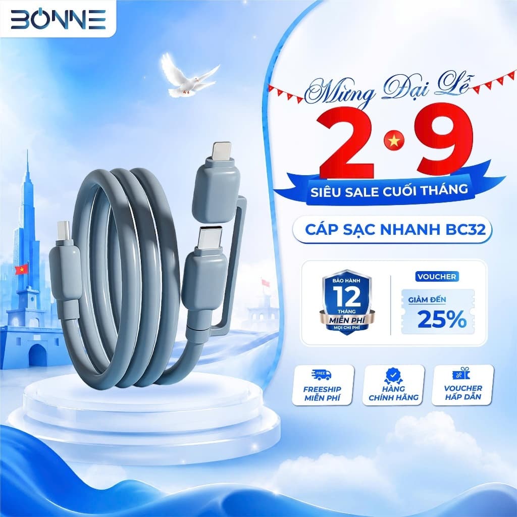 Cáp Sạc Nhanh 3in1 BC32 Bonne TECHNOLOGIQUE Chính Hãng – Hỗ Trợ Sạc Nhanh 65W Cho Điện Thoại, Laptop, Bảo Hành 12 Tháng