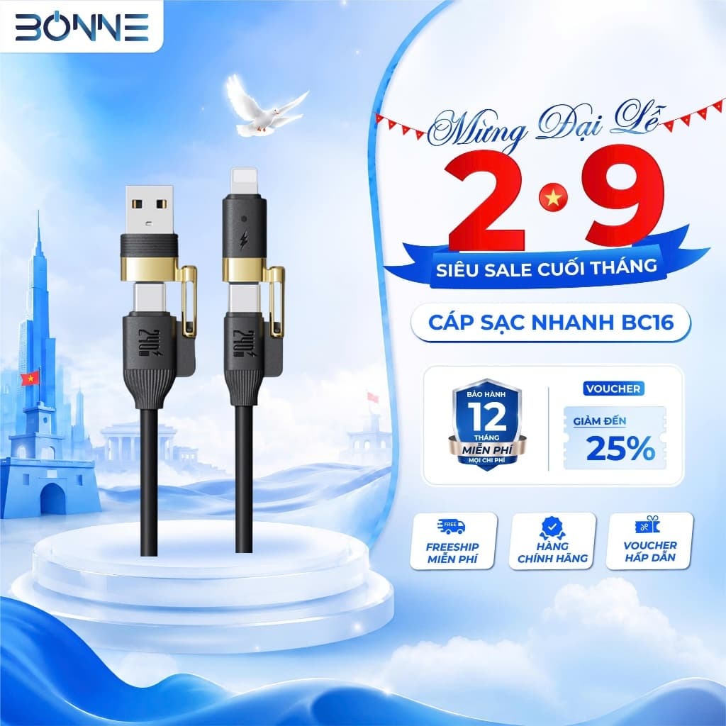 Dây Sạc Nhanh BC16 4in1 Công Suất 240W By Bonne TECHLONOGIQUE Chống Rối Sạc Điện Thoại & Máy Tính Bảo Hành 12 Tháng