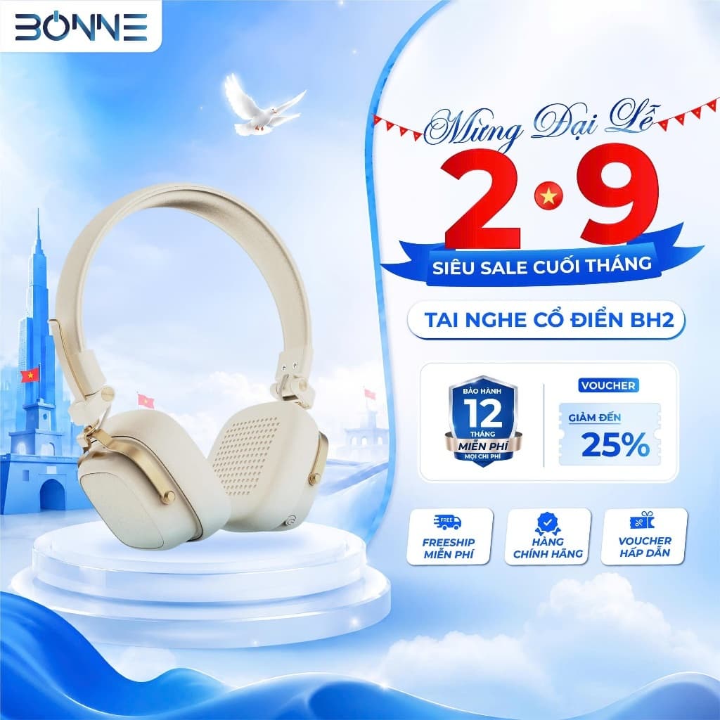 Tai Nghe Bluetooth Thiết Kế  Cổ Điển BH2 Chính Hãng By Bonne TECHNOLOGIQUE, Tai Nghe Bluetooth 6.0 Nghe Liên Tục 90h