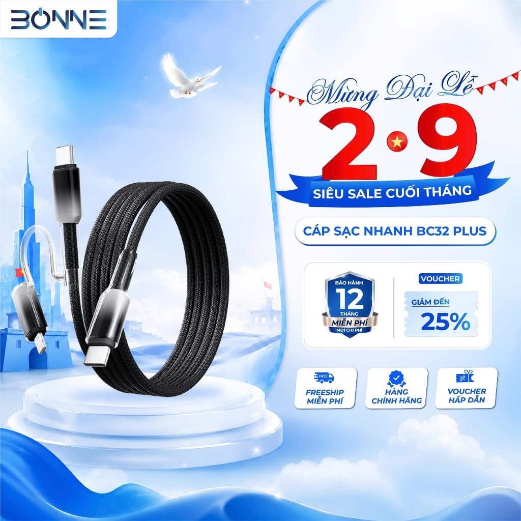 Dây Sạc Nhanh BC32 PLUS 2in1 65W Chính Hãng BONNE TECH, Cáp Sạc Chất Liệu Nylon Bọc Nhựa Trong Suốt Chống Rối Và Gẫy Gập