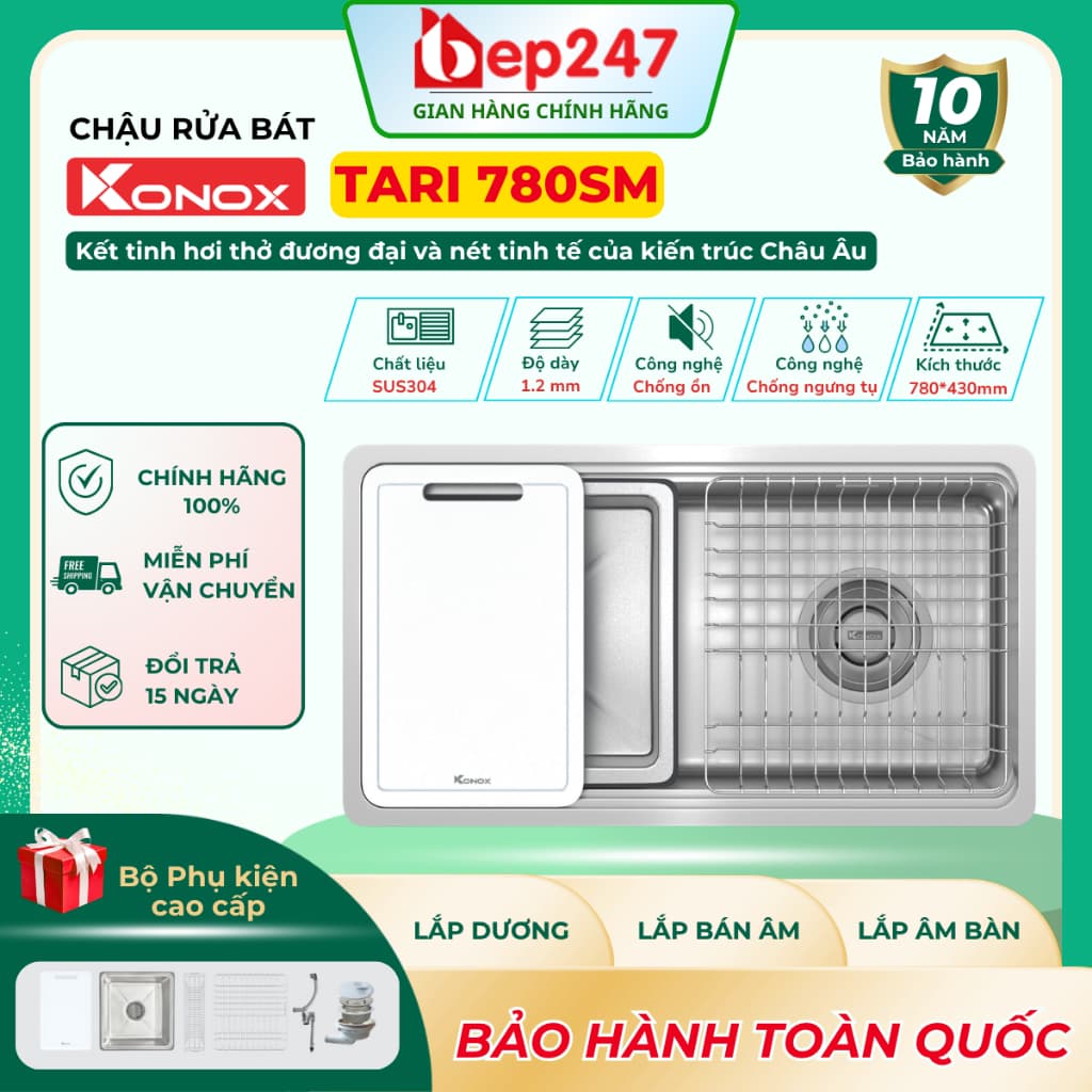 Chậu Rửa Bát Konox Tari 780SM Inox SUS304 1 Hố Cao Cấp 78x43cm Kèm Full Phụ Kiện Chính Hãng