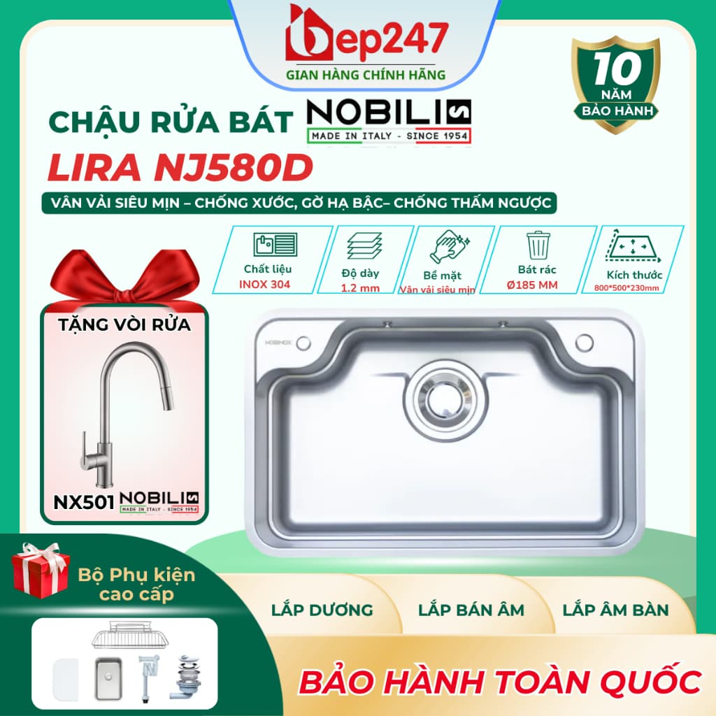 Chậu Rửa Bát NOBINOX ARVO B085 Inox 304 Dày 1.2mm 850x500mm Lòng Sâu 225mm Vân Siêu Mịn Chống Xước Đủ Phụ Kiện