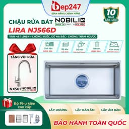 Chậu Rửa Bát NOBINOX LIRA NJ566D Inox 304 Dày 1.2mm 860x445mm Vân Linen Chống Xước Gờ Hạ Bậc Lòng Sâu 210mm 1