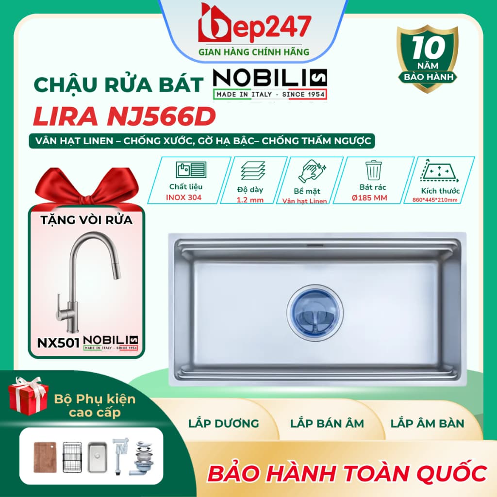 Chậu Rửa Bát NOBINOX LIRA NJ566D Inox 304 Dày 1.2mm 860x445mm Vân Linen Chống Xước Gờ Hạ Bậc Lòng Sâu 210mm