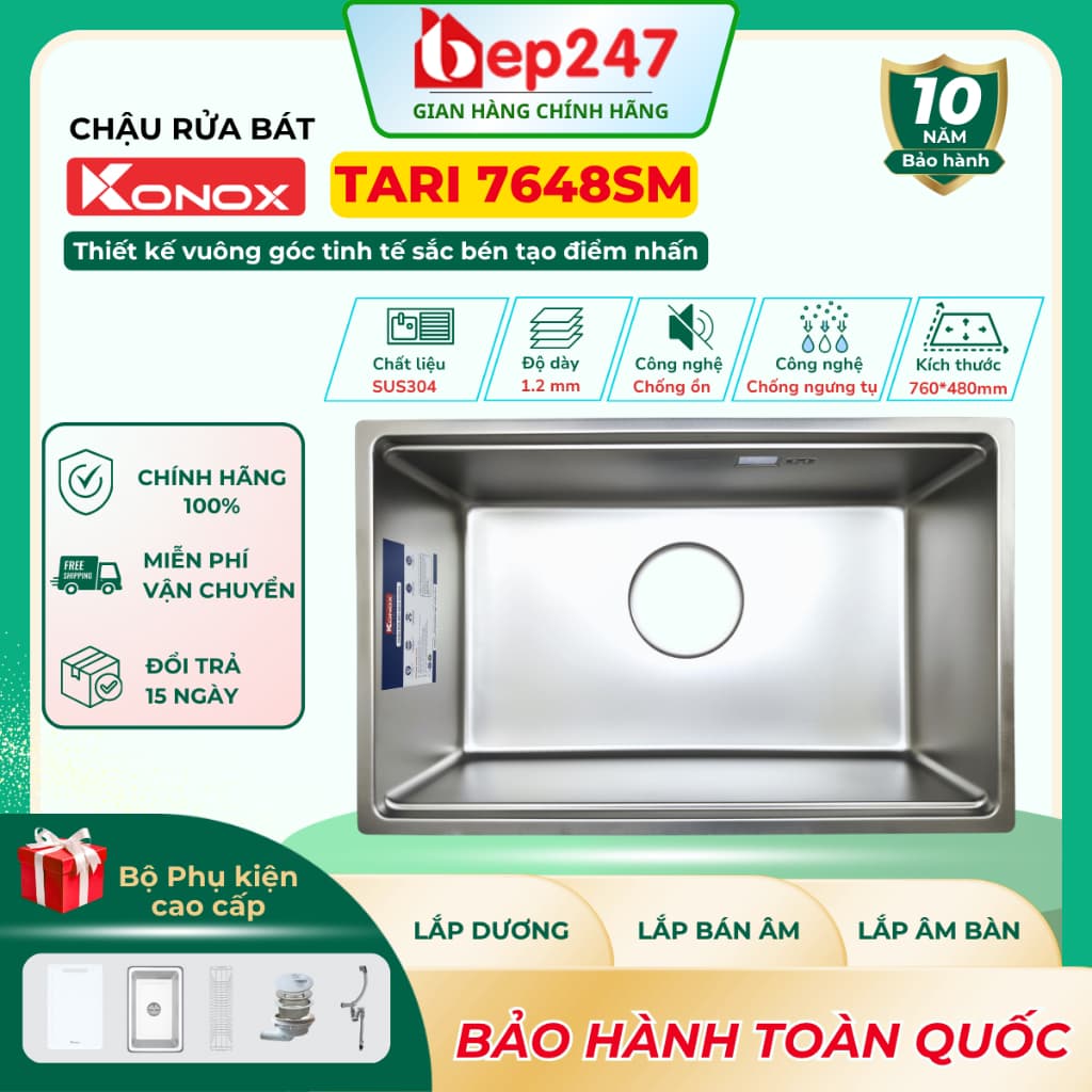 Chậu Rửa Chén Konox Tari 7648SM 1 Hố Inox 304 Cao Cấp 76x48cm Chính Hãng Bảo Hành 10 Năm