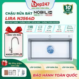 Chậu Rửa Bát 1 Hố NOBINOX LIRA NJ564D Inox 304 Dày 3.0+1.2mm 860x500mm Vân Linen Chống Xước Gờ Hạ Bậc Lòng Sâu 210mm 1