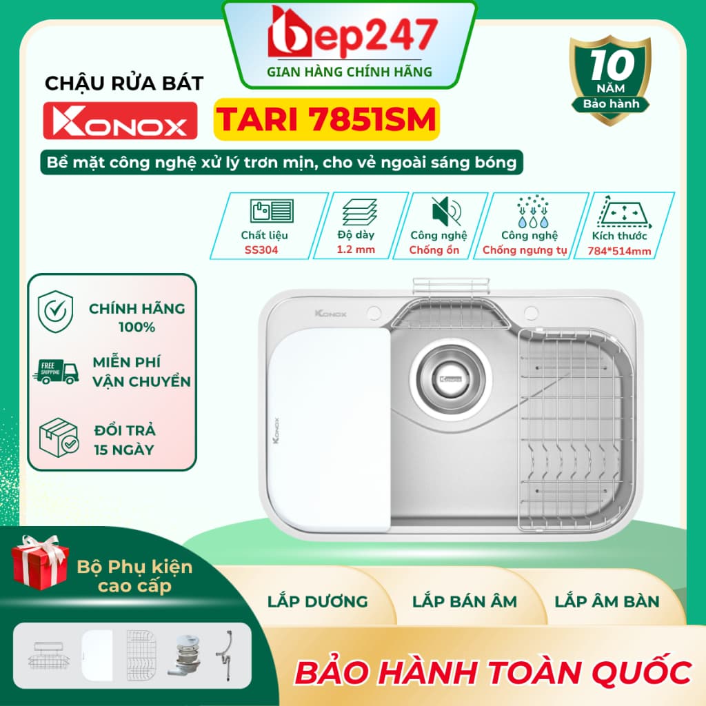 Chậu Rửa Bát Konox Tari 7851SM Inox SUS304 1 Hố Bề Mặt Mịn Lắp Âm/Lắp Dương Kèm Phụ Kiện Chính Hãng