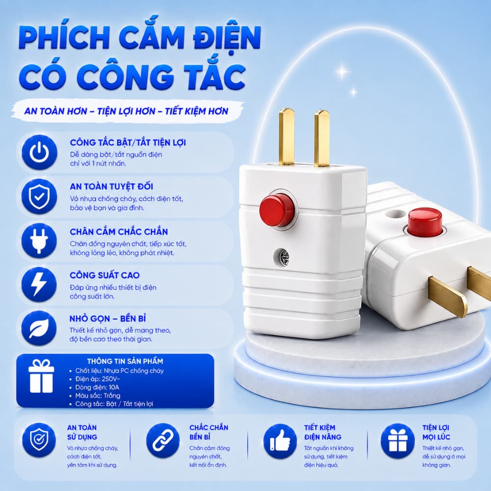 Phích Cắm Điện Có Công Tắc - Phích Cắm Có Công Tắc Hạn Chế Tia Lửa Điện 10A 250VCC, Chân Cắm Chắc Chắn.