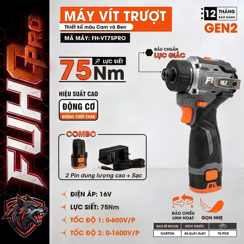 Máy Chuyên Vít Trượt Pin Fuho FH-VT75PRO, Lực Siết 75Nm, 24 Cấp Trượt, Gọn Nhẹ Tiện Lợi, Động Cơ Không Chổi Than
