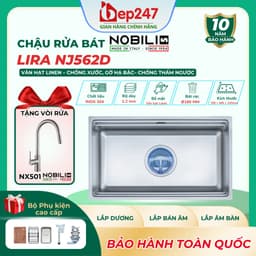 Chậu Rửa Bát NOBINOX LIRA NJ562D Inox 304 Dày 1.2mm 760x445mm Lòng Sâu 220mm Vân Linen Chống Xước Gờ Hạ Bậc 1