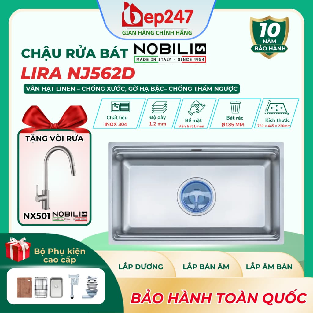 Chậu Rửa Bát NOBINOX LIRA NJ562D Inox 304 Dày 1.2mm 760x445mm Lòng Sâu 220mm Vân Linen Chống Xước Gờ Hạ Bậc
