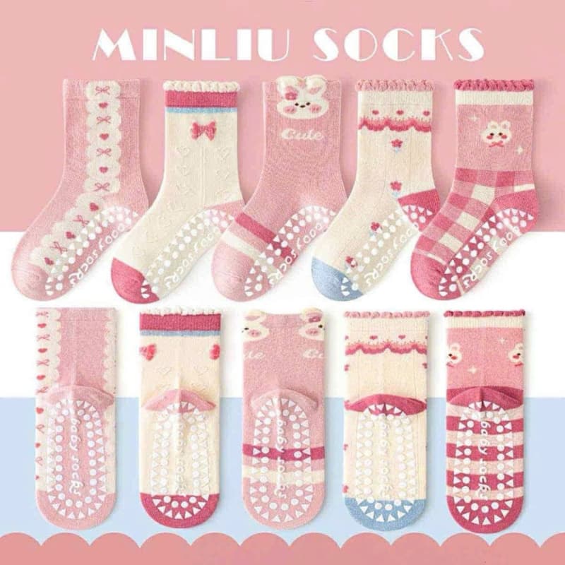 Bộ 5 Đôi Tất Chống Trượt Cho Bé Gái Thỏ Hồng Cotton Mềm Mại, Tất Trẻ Em Dễ Thương Thoáng Khí