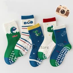Bộ 5 Đôi Tất Chống Trượt Cho Bé Trai Hình Khủng Long Cotton Mềm Mại, Tất Trẻ Em Dễ Thương Thoáng Khí 2