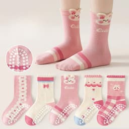 Bộ 5 Đôi Tất Chống Trượt Cho Bé Gái Thỏ Hồng Cotton Mềm Mại, Tất Trẻ Em Dễ Thương Thoáng Khí 3