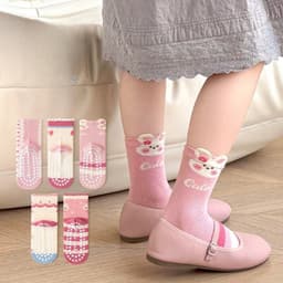 Bộ 5 Đôi Tất Chống Trượt Cho Bé Gái Thỏ Hồng Cotton Mềm Mại, Tất Trẻ Em Dễ Thương Thoáng Khí 2