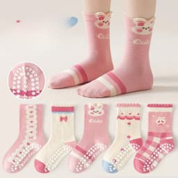 Bộ 5 Đôi Tất Chống Trượt Cho Bé Gái Thỏ Hồng Cotton Mềm Mại, Tất Trẻ Em Dễ Thương Thoáng Khí 5