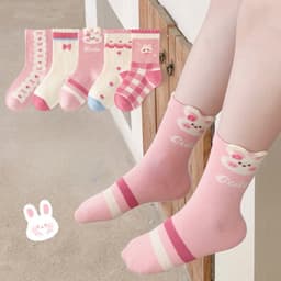 Bộ 5 Đôi Tất Chống Trượt Cho Bé Gái Thỏ Hồng Cotton Mềm Mại, Tất Trẻ Em Dễ Thương Thoáng Khí 7