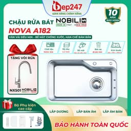 Chậu Rửa Bát NOBINOX NOVA A182 Inox 304 Dày 1.2mm 820x500mm Lòng Sâu 230mm Vân Vải Siêu Mịn Chống Xước Bát Rác Lệch 1