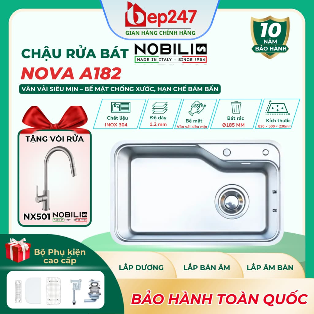 Chậu Rửa Bát NOBINOX NOVA A182 Inox 304 Dày 1.2mm 820x500mm Lòng Sâu 230mm Vân Vải Siêu Mịn Chống Xước Bát Rác Lệch