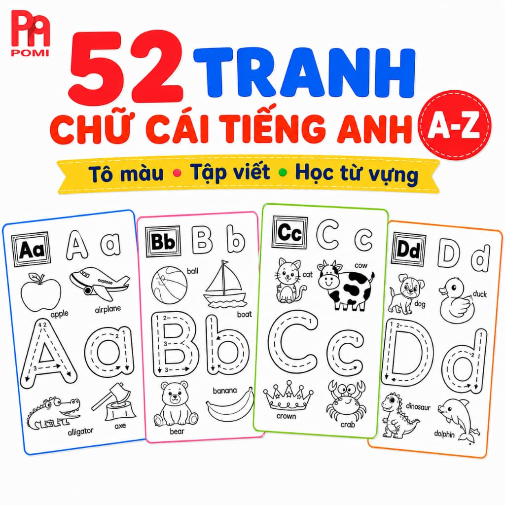 Tranh Tập Viết Chữ Cái & Từ Vựng, Số Tiếng Anh Sinh Động - Giúp Bé Nhận Biết & Ghi Nhớ Nhanh - Tô màu cho bé - POMI