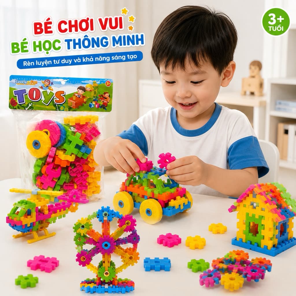 Bộ đồ chơi lắp ghép nhiều màu sắc giúp bé thỏa sức sáng tạo và tự tay tạo nên nhiều mô hình thú vị như xe ô tô, máy bay