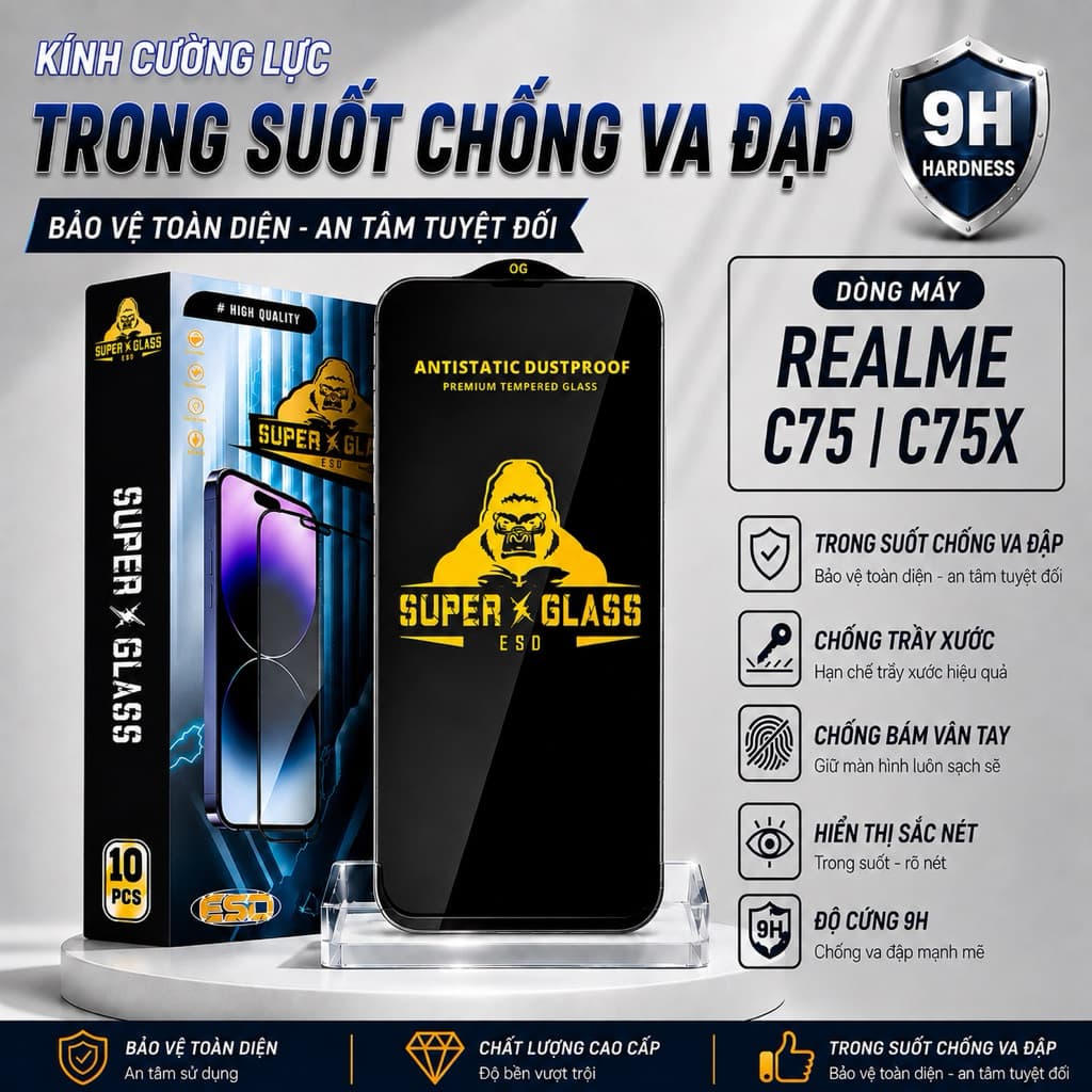 Kính cường lực Realme C75, C75X cao cấp trong suốt Miếng dán bảo vệ cam điện thoại sharkcase