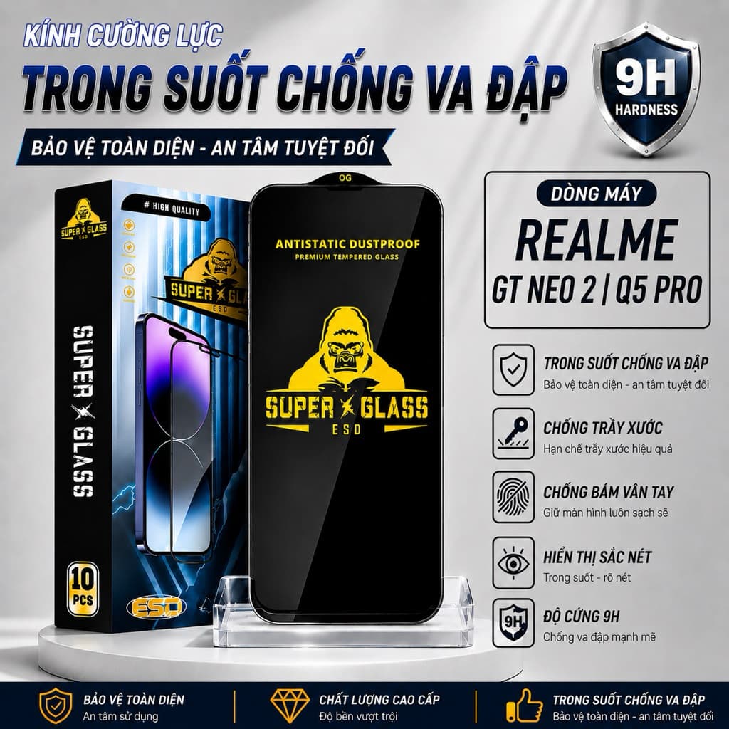Kính cường lực Realme GT Neo 2 / Q5 pro cao cấp thế hệ mới full màn miếng dán bảo vệ màn hình điện thoại khi rơi va đập