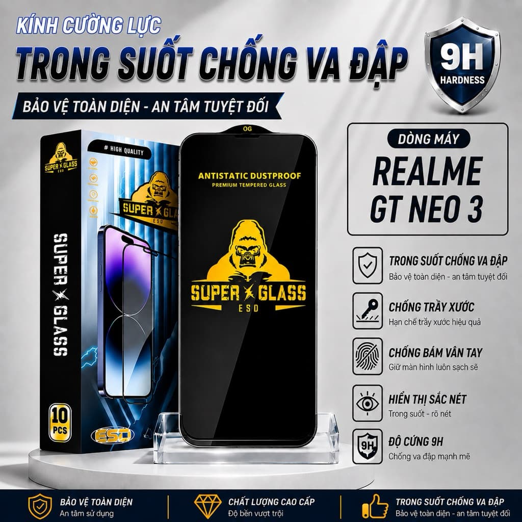 Kính cường lực Realme GT Neo 3 cao cấp thế hệ mới full màn miếng dán bảo vệ màn hình điện thoại khi rơi va đập