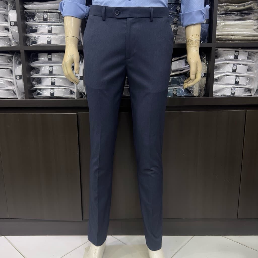 Quần âu nam Owen màu xám xanh tím than kẻ slim fit tăng đơ 2 cạp vải poly QST262075