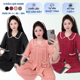 SET ĐỒ BỘ NỮ,ĐỒ MẶC NHÀ,PYJAMA,SET SUÔNG TAY LỠ QUẦN DÀI ĐŨI VÂN MÂY CỔ SEN PHỐI REN CHẤM BI FORM RỘNG BIGSIZE 40-80KG 1
